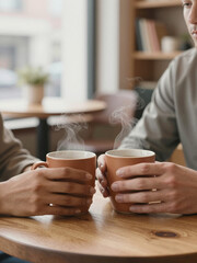 Hands Reaching for Terracotta Mugs &ndash; Quiet Morning Companionship in a Caf&eacute;