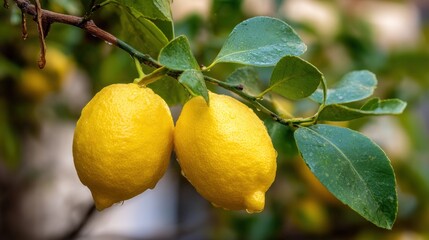 Two bright yellow lemons hanging from a branch with green leaves Citrus          