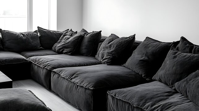 A large sectional sofa in deep charcoal with oversized cushions and an angular design 