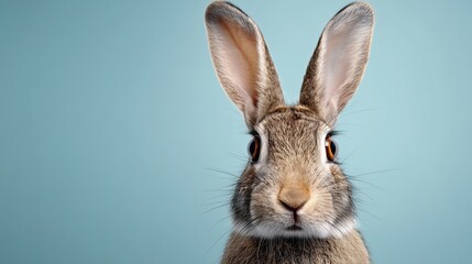 Obraz premium Brown rabbit portrait on light blue background 