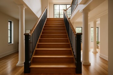Elegant wooden staircase design modern home interior architectural bright atmosphere wide angle view