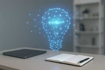 Innovative ideas sparked by digital light bulb concept office workspace visuals modern environment overhead view