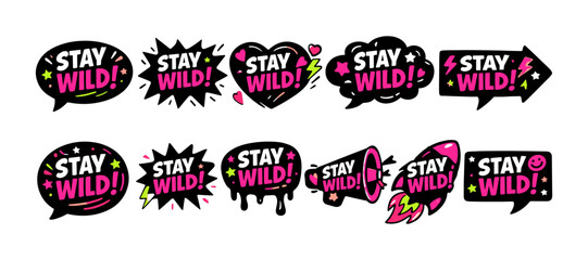 Stay wild typography collection with bold comic style elements and neon accents