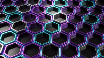 Futuristic 3D hexagonal honeycomb pattern with glossy metallic cells in glowing purple, teal, cyan, and blue tones on a dark background