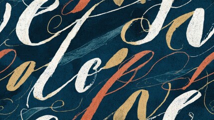 Abstract cursive lettering pattern featuring white, gold, and coral strokes