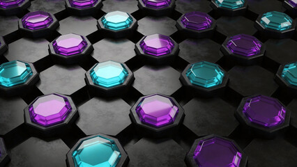 Futuristic hexagonal grid of dark matte tiles embedded with glowing faceted gemstones in vibrant purple and cyan, creating a striking 3D sci-fi pattern
