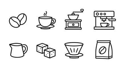 Minimalist coffee icons collection featuring brewing equipment and accessories