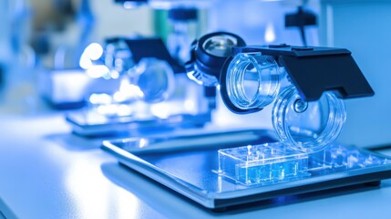 Precision laboratory microscope focusing on a microscopic sample for scientific research and analysis