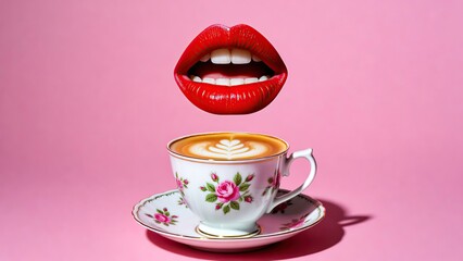 A whimsical image of red lips and a floral teacup on a pink background with latte art
