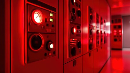 Red emergency alert control panel with illuminated buttons and illuminated gauges in an industrial setting