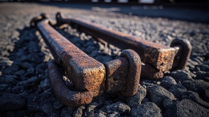 Rusty iron railroad spikes fastened to rough gravel ground showing weathered metal texture and industrial detail outdoors