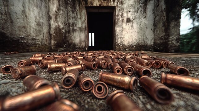 Bullet casings on ground near abandoned building