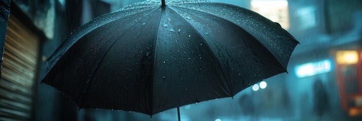 A rainy night scene featuring umbrellas illuminated by city lights.