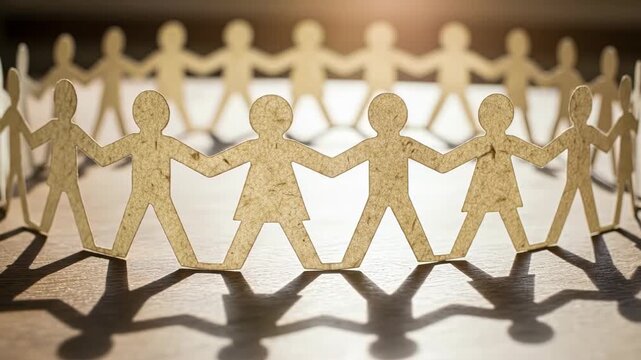 Close-up of paper cutout figures holding hands in a circle with shadows on a white background.