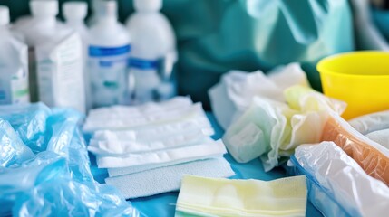 Collection of sterile medical supplies including gauze pads antiseptic bottles and bandages for healthcare and first aid treatment