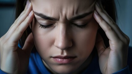 Fototapeta premium Young woman experiencing intense headache, pressing temples, eyes closed, showing severe pain, stress, spasm, feeling cold, flu symptoms, discomfort.
