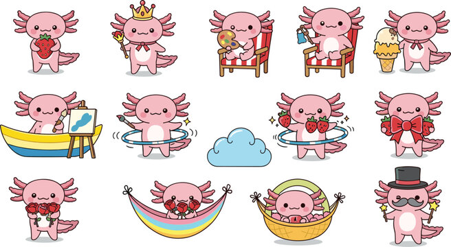 Pink axolotl character in playful poses and props, whimsical cartoon grid, cute animal theme, flat vector illustration