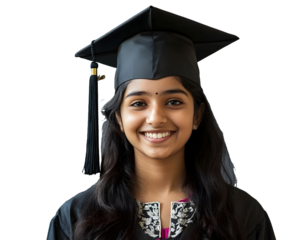 Portrait of a smiling young Indian female college student wearing a square academic cap for graduation isolated on transparent background