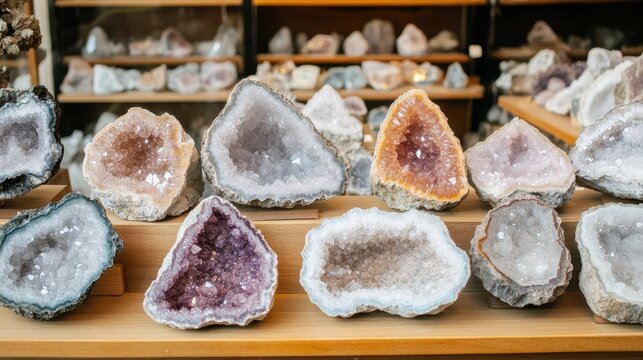 Collection of rough unpolished geodes their interiors and crystal formations on display