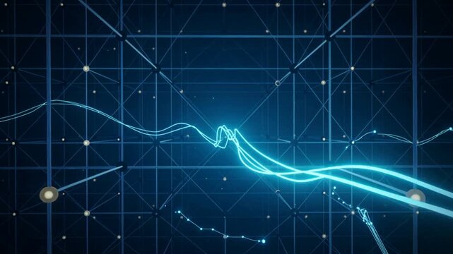 Flowing neon data lines across dark grid &mdash; digital network and connection concept
