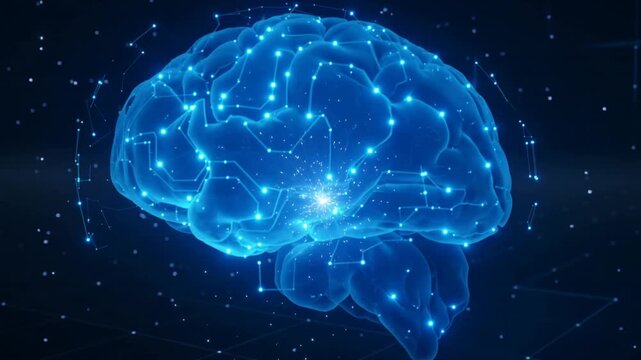 Futuristic digital brain made of blue circuits &mdash; artificial intelligence visualization