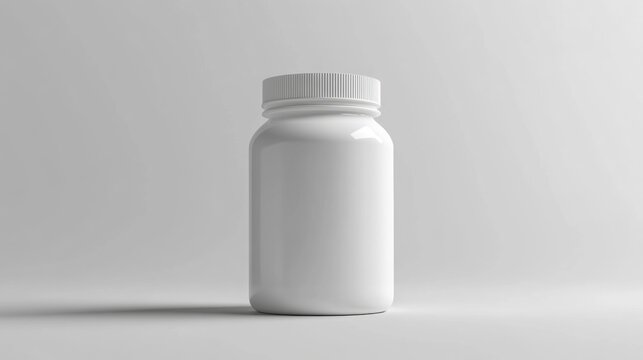 A white empty pill bottle with a cap sitting on a grey surface.