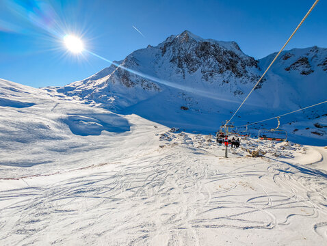 Aerial of Valfrejus ski slopes and winter mountain panorama