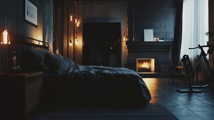 This image depicts a dimly lit bedroom with candlelight and ambient lighting casting shadows on the walls and floor. The room is furnished with a bed, exercise equipment