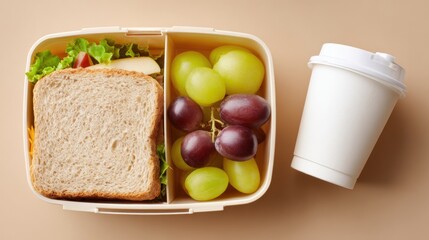 Top view of lunch box with bread sandwich, mixed grapes and disposable coffee cup. Fresh school lunch idea, simple nutrition concept, clean tabletop scene for education and daily meals