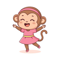 Obraz premium Cute Hand drawn Monkey Ballerina Character with Pink Dress Illustration