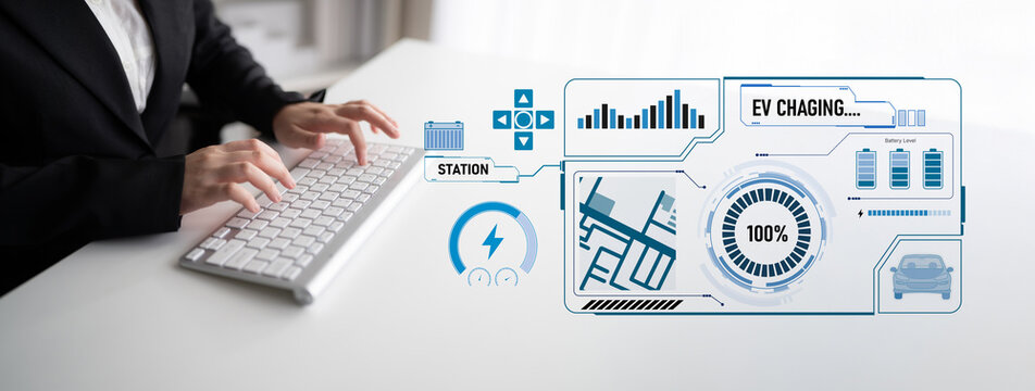 Charging interface for electric vehicles showing real-time battery level, charging status, power output, station location, and navigation for efficient energy management Latch - Powered by Adobe