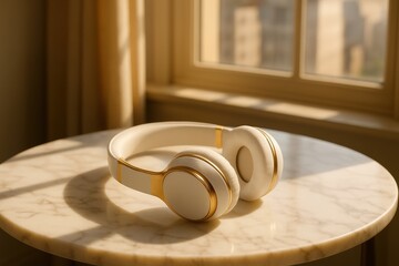 Relaxing atmosphere with stylish headphones on marble table interior product soft lighting