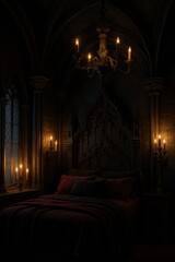 Mysterious candlelit bedroom scene gothic interior dimly lit atmospheric vibe
