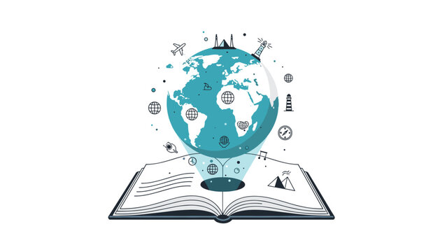 An open book with a glowing Earth globe emerging from it, surrounded by travel and education icons, symbolizing global knowledge and exploration on a white background.