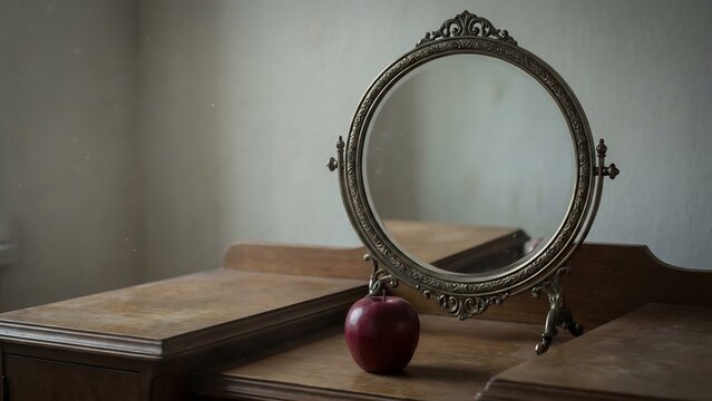 Vintage mirror reflecting wooden table with red apple on surface still life setup with antique decor