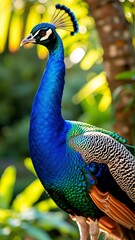 close peacock standing garden peacock facing towards side its head turned slightly right its body covered vibrant blue feathers mix green black orange hues feathers arranged fan like pattern