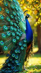 peacock standing grassy area trees background peacock facing towards right side its body slightly turned has blue head neck its feathers spread out fan like manner feathers vibrant colorful shades