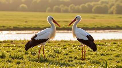 two white storks standing grassy field body water background storks facing their necks stretched out kiss sky orange yellow indicating either sunrise sunset field covered green grass trees distance