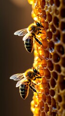 two bees honeycomb honeycomb hexagonal cells which golden color honey like texture bees facing appear interacting background blurred focus bees honeycomb taken close angle making bees focal point