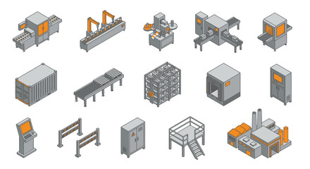 Obraz premium Isometric Industrial Factory and Warehouse Equipment Icon Set for Manufacturing Automation, Logistics Supply Chain, and Production Line Process Design