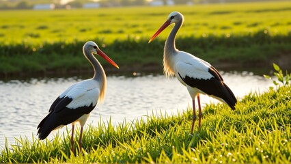 two white storks standing grassy field next body water storks facing their necks stretched out take flight sky blue sun setting casting warm glow over scene field green trees background water calm