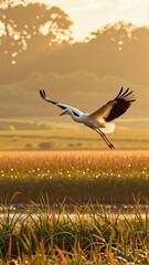 white stork mid flight over field tall grass stork center its wings spread wide its head turned towards right side frame sky beautiful orange yellow color indicating either sunrise sunset background