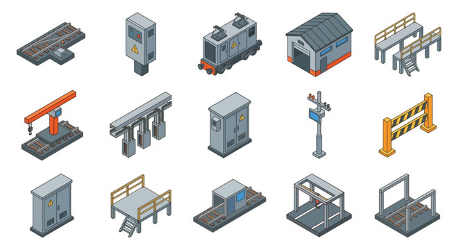 Isometric Railway and Industrial Infrastructure Icon Set for Logistics and Engineering; Features Train Engine, Tracks, Electrical Cabinets, Warehouse, Gantry Crane, and Safety Barriers.