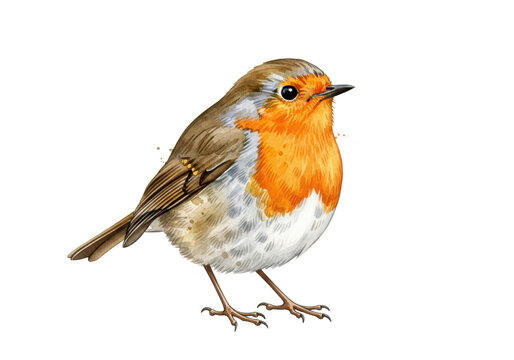 a plump european robin with vibrant orange breast feathers, detailed watercolor illustration style on a transparent background with ample copy space. concept of classic nature study