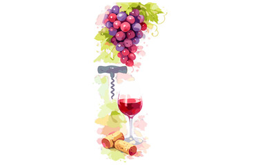 Obraz premium Watercolor grapes and wine composition with corkscrew and red wine glass