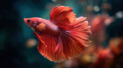 Obraz premium Vibrant betta fish red siamese fighting fish flowing fin tropical aquarium underwater pet graceful motion aquatic animal colorful scale soft focus dark background