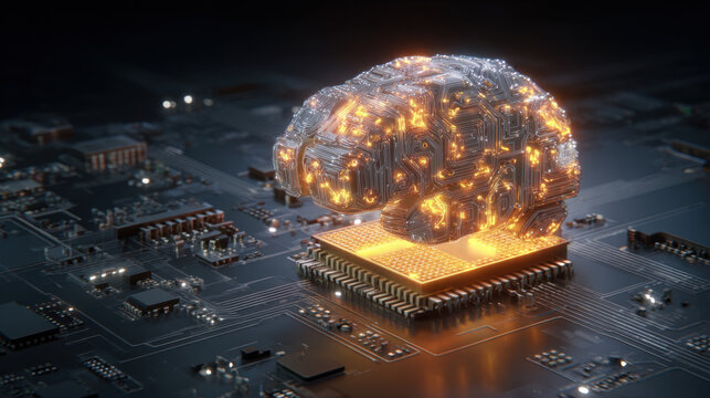 Futuristic brain chip artificial intelligence glowing circuit neural network digital brain cyber technology processor motherboard high tech data Futuristic brain chip with artificial intelligence - Powered by Adobe