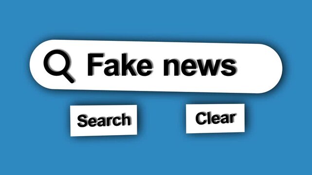 Search bar with Fake news query on blue background, digital illustration, modern design