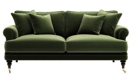Fototapeta premium A luxurious two-seater sofa with smooth velvet upholstery, gold accent legs, and soft throw pillows 