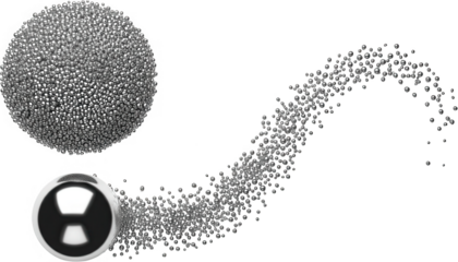A large sphere composed of tiny metallic beads with a trail of scattered beads flowing dynamically to the right scattering abstract small circular silver transparent background